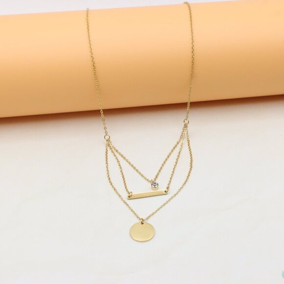 Layered Yellow Necklace with Round and Bar Pendant, Chic Design, XPNL0367 - Picture 2 of 13